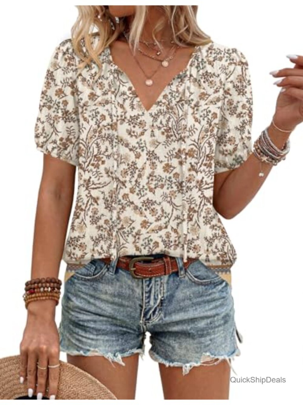 Boho Peasant Blouse Womens Short Sleeve Tie Front V-Neck Top
